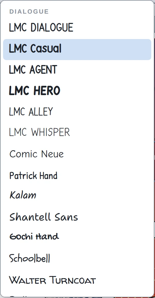 The font menu showing comic lettering fonts, each previewed live in its own typeface.