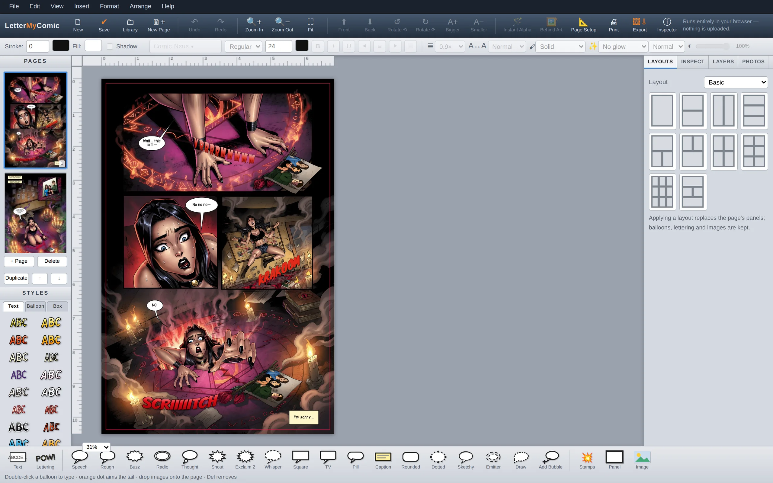 The LetterMyComic studio with a fully lettered occult comic page on the canvas — speech balloons, captions and KRAKOOM and SCRIIIITCH sound effects over the artwork — surrounded by the editor toolbar, lettering-style swatches, balloon tray, layouts and page thumbnails.